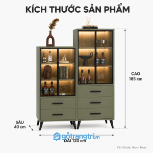 Tủ trưng bày kính đèn led màu xanh olive cho không gian sang trọng