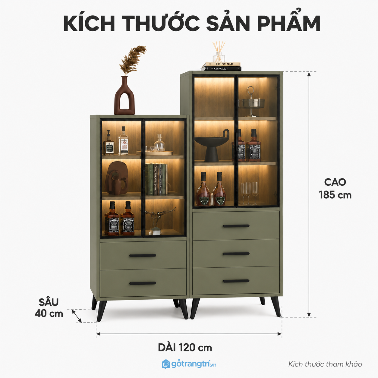Tủ trưng bày kính đèn led màu xanh olive cho không gian sang trọng Tủ trưng bày kính đèn led màu xanh olive cho không gian sang trọng
