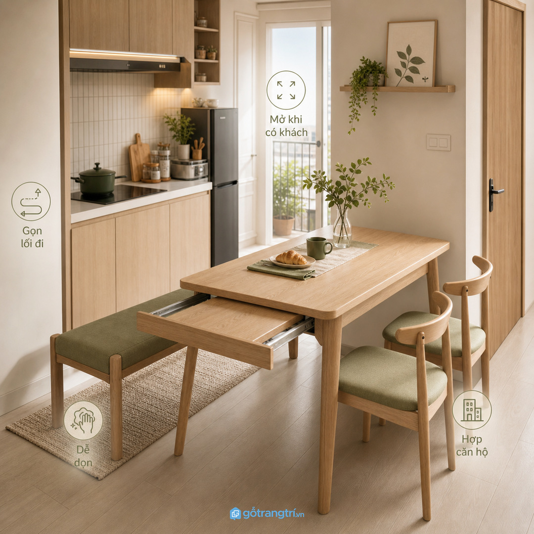 Bàn ăn kéo dài giúp chung cư nhỏ gọn ngày thường và rộng khi có khách