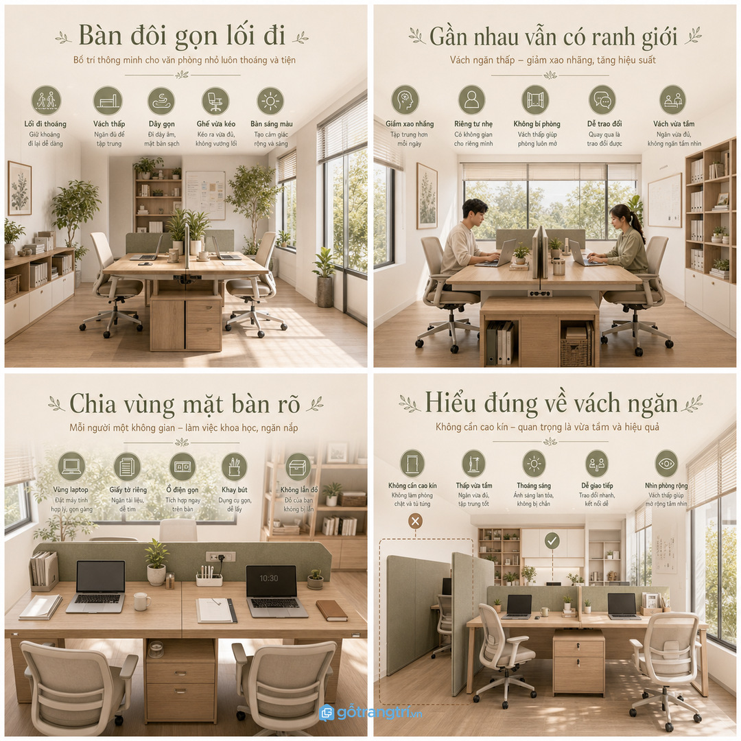 Bàn đôi có vách ngăn giúp văn phòng nhỏ gọn lối đi và rõ vùng làm việc