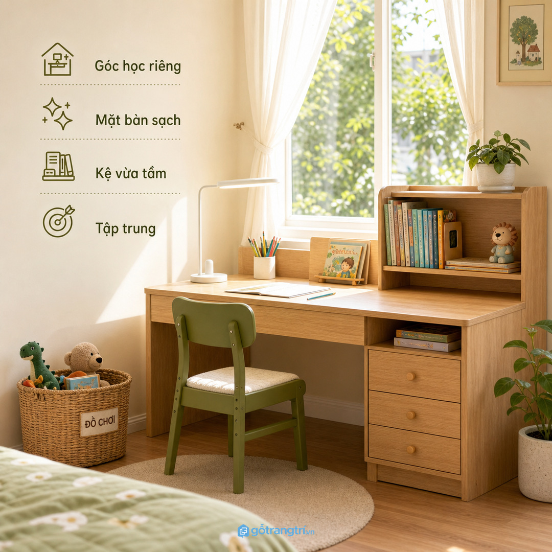 Bàn học trẻ em sáng gọn giúp phòng nhỏ dễ tập trung hơn