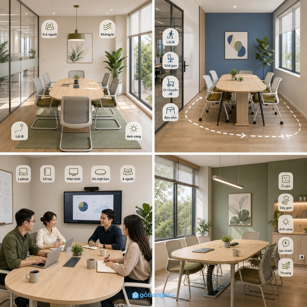Bàn họp nhỏ giúp văn phòng nhỏ gọn phòng, đủ chỗ ngồi và giữ nhịp họp hiệu quả