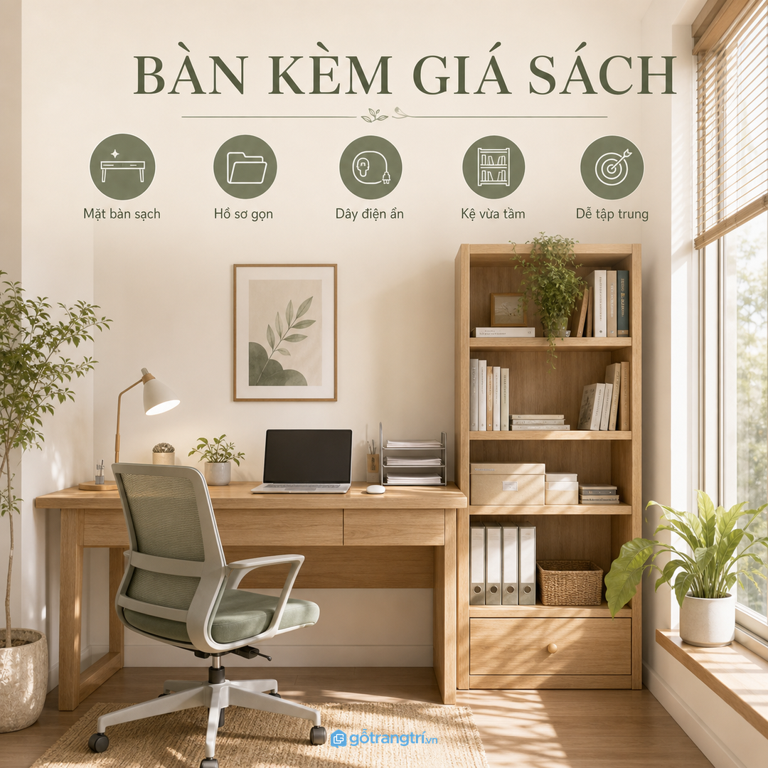 Bàn làm việc kèm giá sách giúp góc văn phòng nhỏ gọn giấy tờ và dễ tập trung hơn