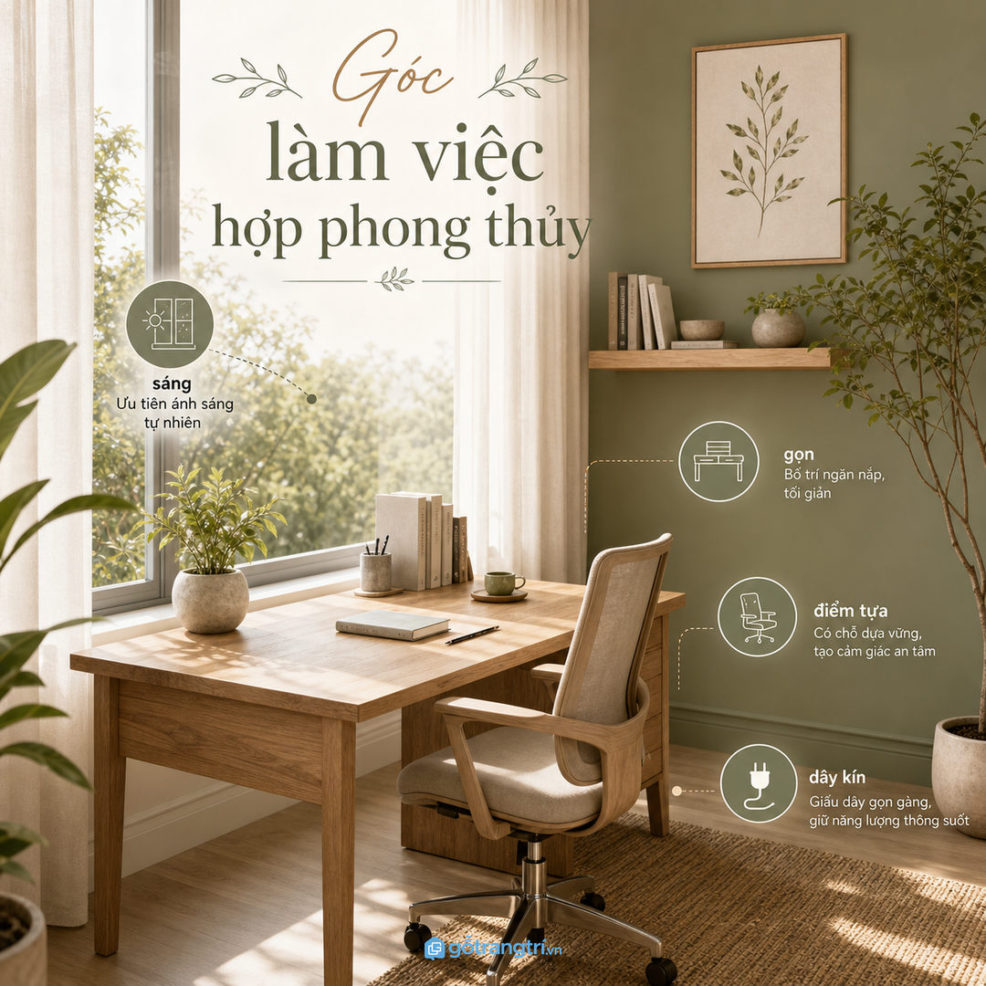 Góc làm việc hợp phong thủy cần sáng, gọn và có điểm tựa