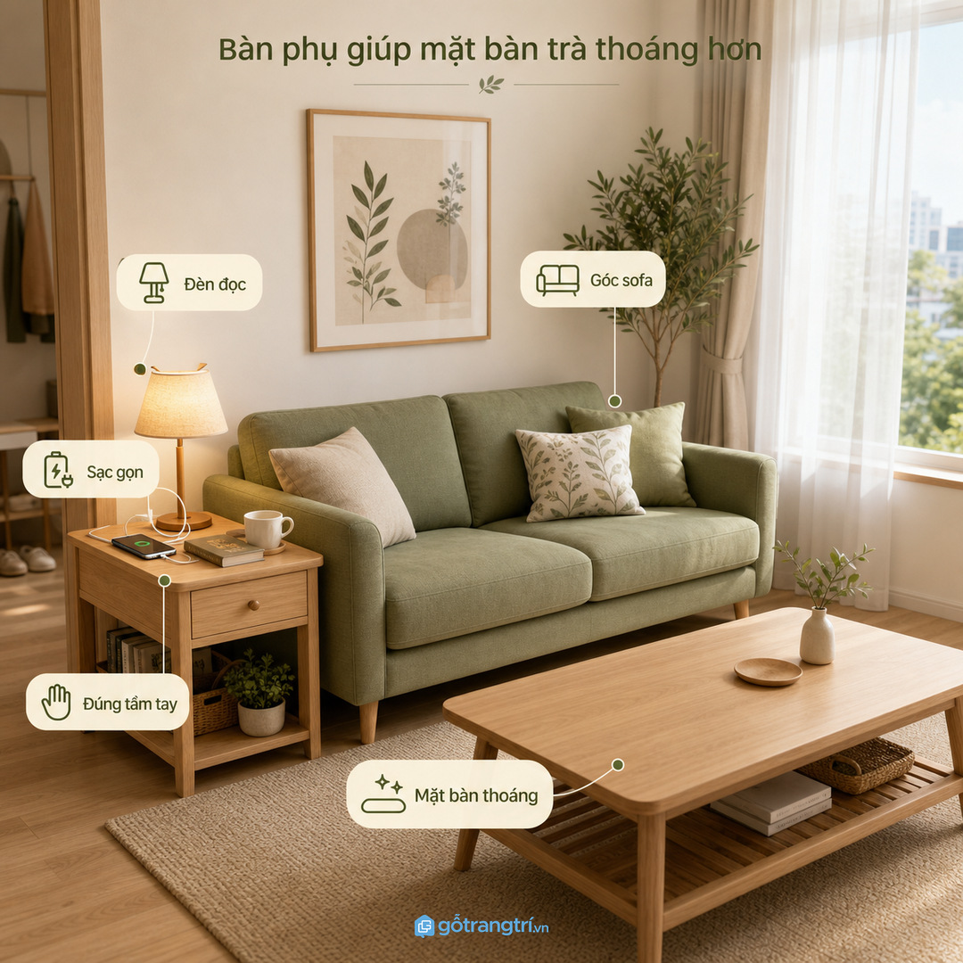 Bàn phụ cạnh sofa giúp phòng khách nhỏ có thêm điểm đặt đồ tiện tay