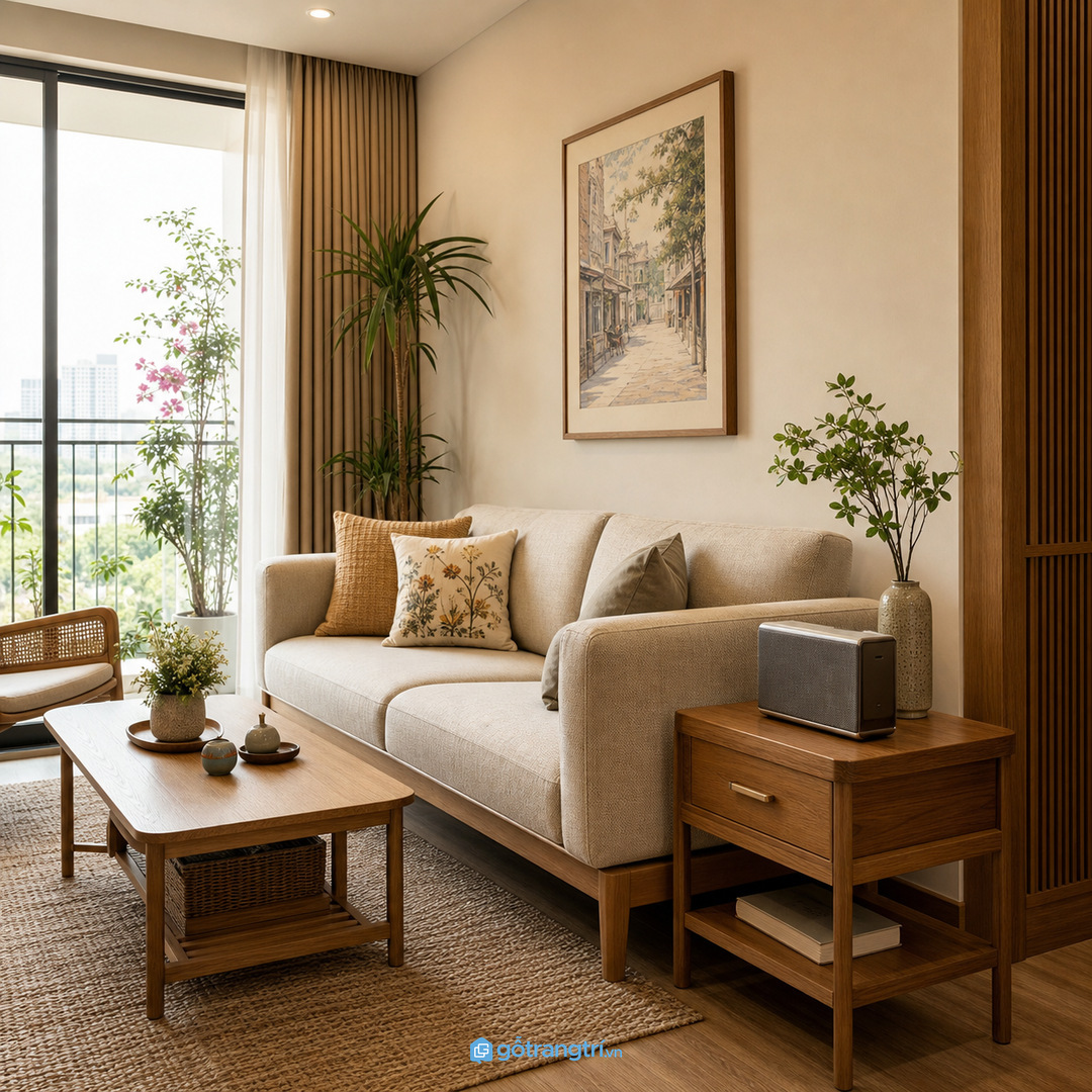 Bàn phụ cạnh sofa kiêm kệ loa bluetooth giúp phòng khách nhỏ gọn dây và tiện thư giãn mỗi ngày