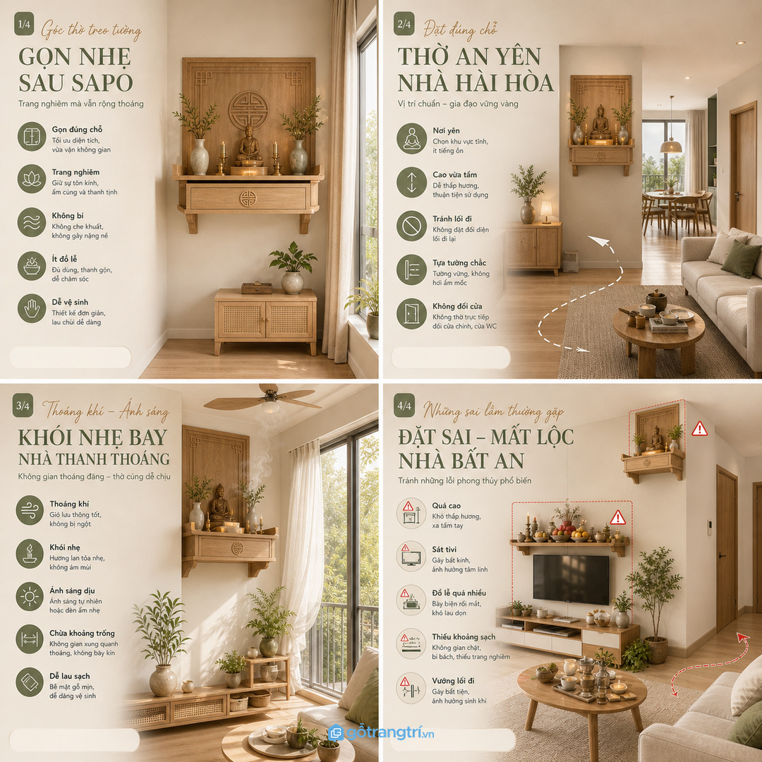 Bàn thờ treo tường phong thủy cho căn hộ nhỏ cần gọn, yên và hài hòa với phòng khách