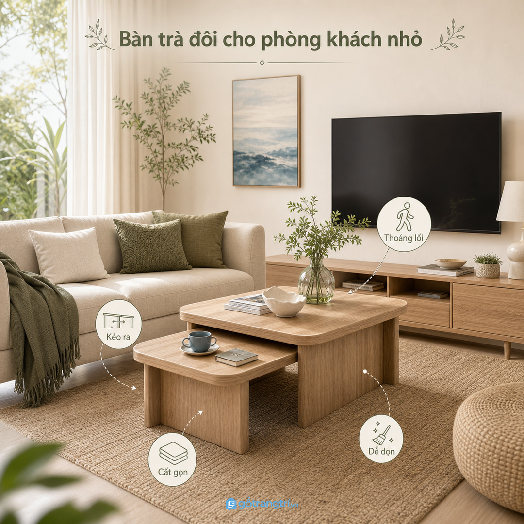 Bàn trà đôi lồng nhau giúp phòng khách nhỏ kéo ra linh hoạt và cất vào vẫn thoáng