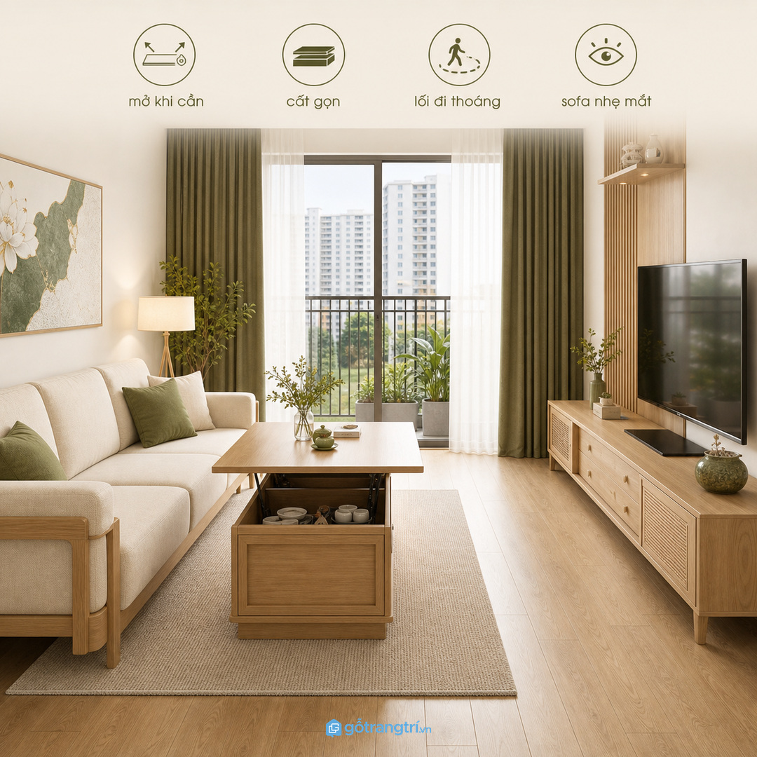 Bàn trà gấp gọn giúp phòng khách nhỏ mở ra khi cần và cất đi khi muốn sàn thoáng