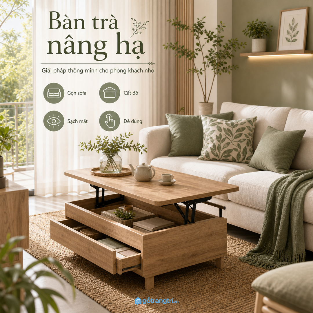 Bàn trà nâng hạ giúp phòng khách nhỏ gọn bàn sofa và thêm chỗ cất đồ