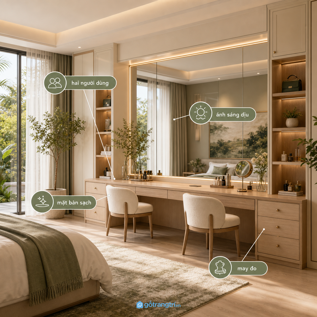 Bàn trang điểm đôi phòng ngủ master biệt thự gọn cho hai người