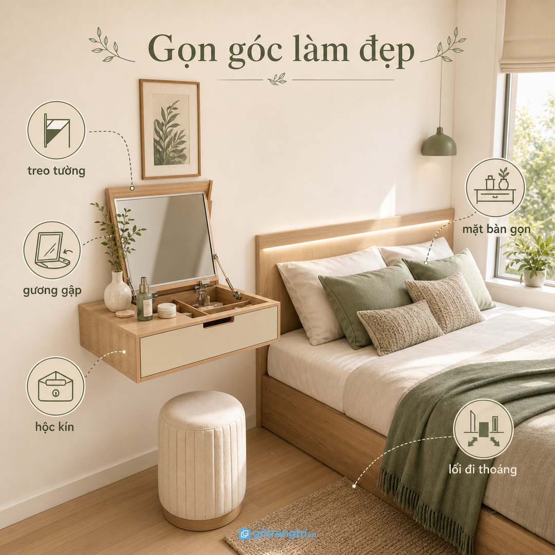 Bàn trang điểm treo tường có gương gập giúp phòng ngủ nhỏ vẫn có góc làm đẹp gọn gàng