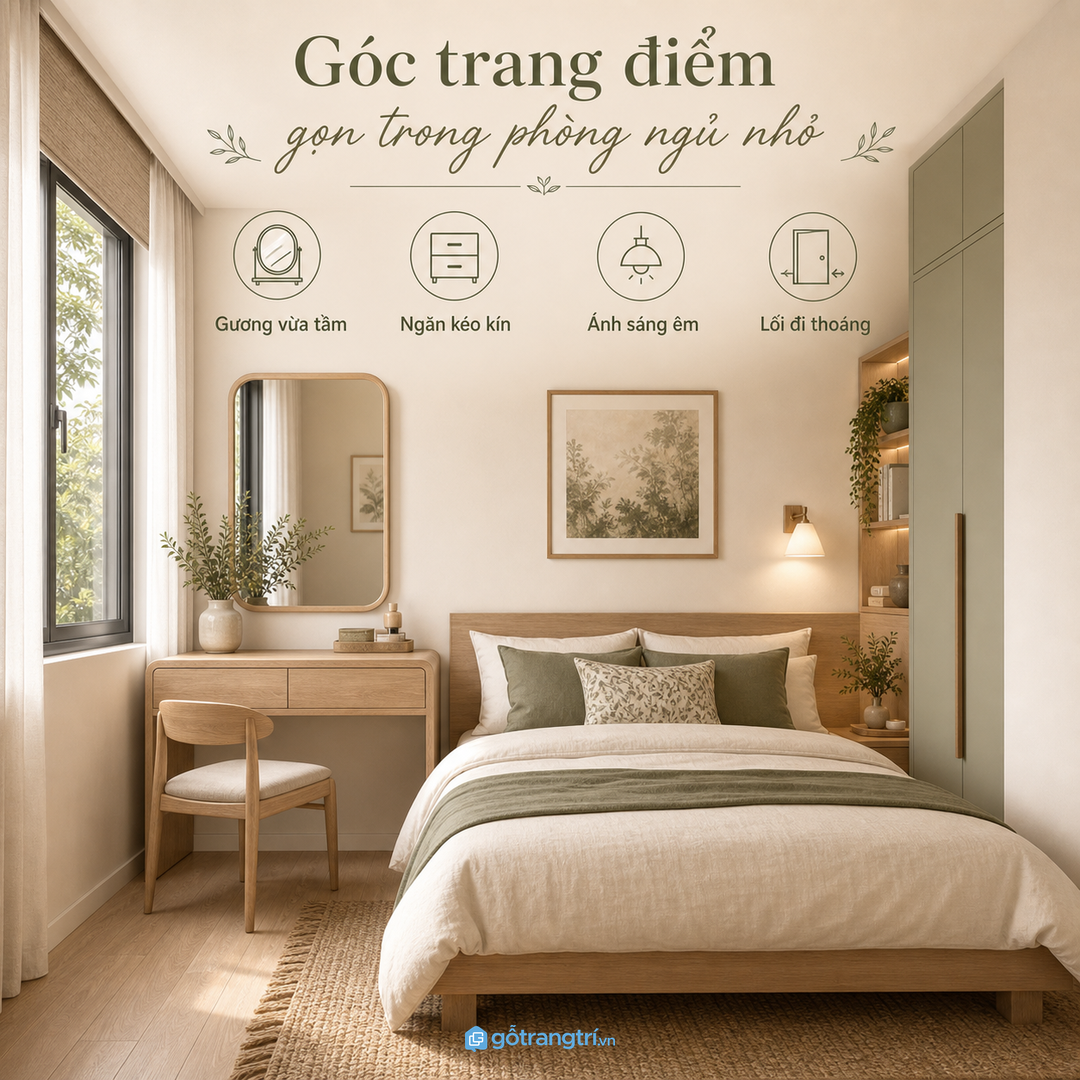 Góc trang điểm gọn trong phòng ngủ nhỏ