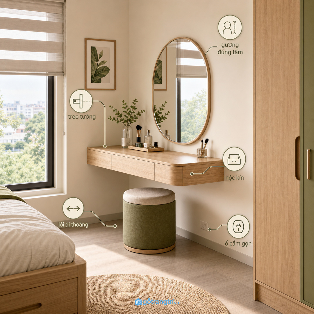 Góc làm đẹp treo tường giúp căn hộ nhỏ gọn mà vẫn đủ tiện nghi