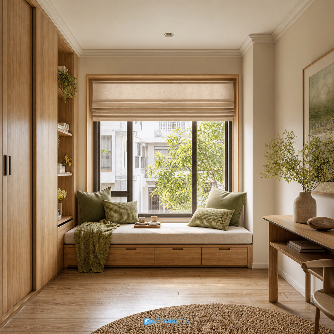 Bệ ngồi cửa sổ có ngăn kéo giúp nhà phố nhỏ thêm chỗ ngồi và giấu đồ gọn
