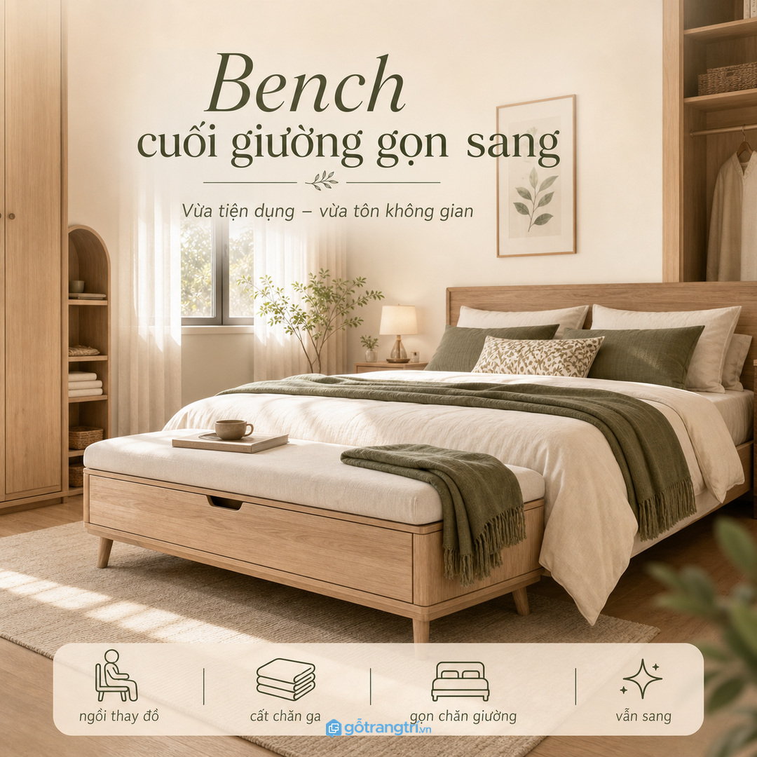 Bench cuối giường giúp phòng ngủ nhỏ thêm chỗ ngồi và kho kín gọn