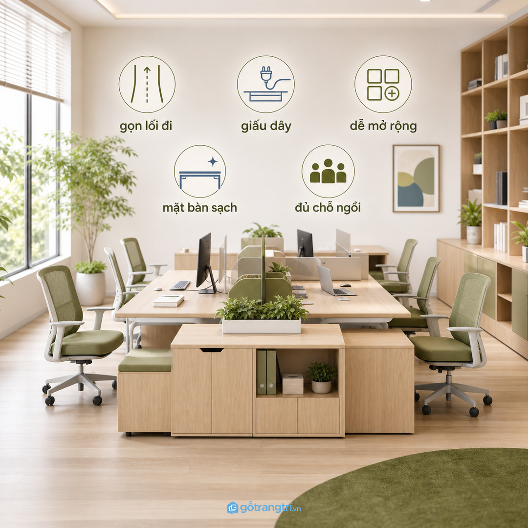 Cụm bàn module giúp văn phòng nhỏ gọn lối đi và dễ mở rộng