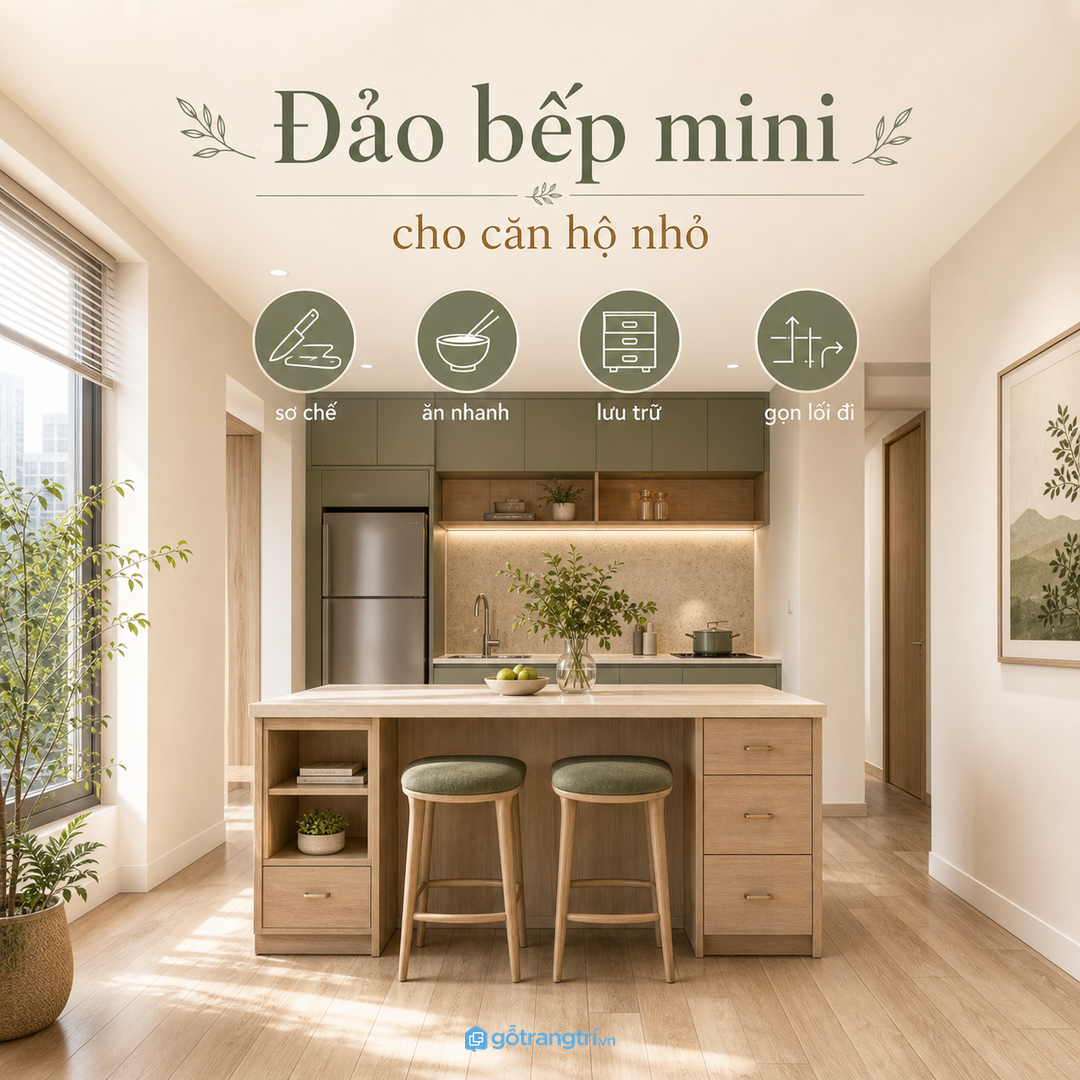 Đảo bếp mini giúp bếp nhỏ gọn mặt bàn và dễ lấy đồ hằng ngày