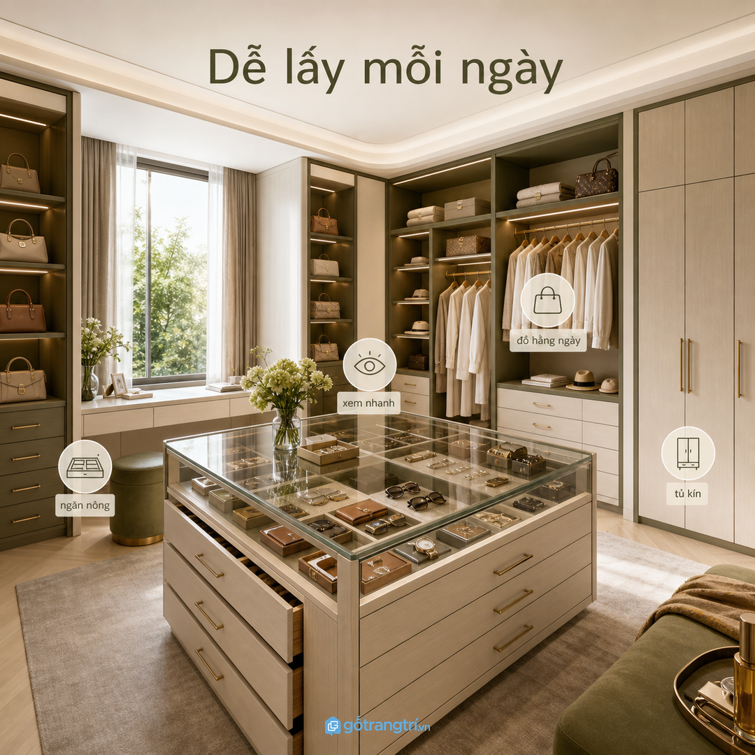Đảo phụ kiện giúp phòng thay đồ biệt thự dễ lấy đồ mỗi ngày