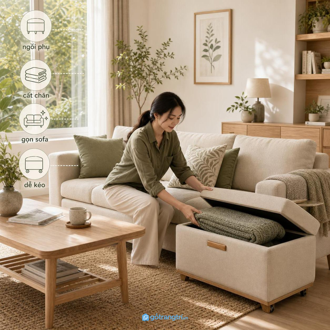 Ghế đôn lưu trữ giúp phòng khách nhỏ thêm chỗ ngồi và gọn đồ quanh sofa