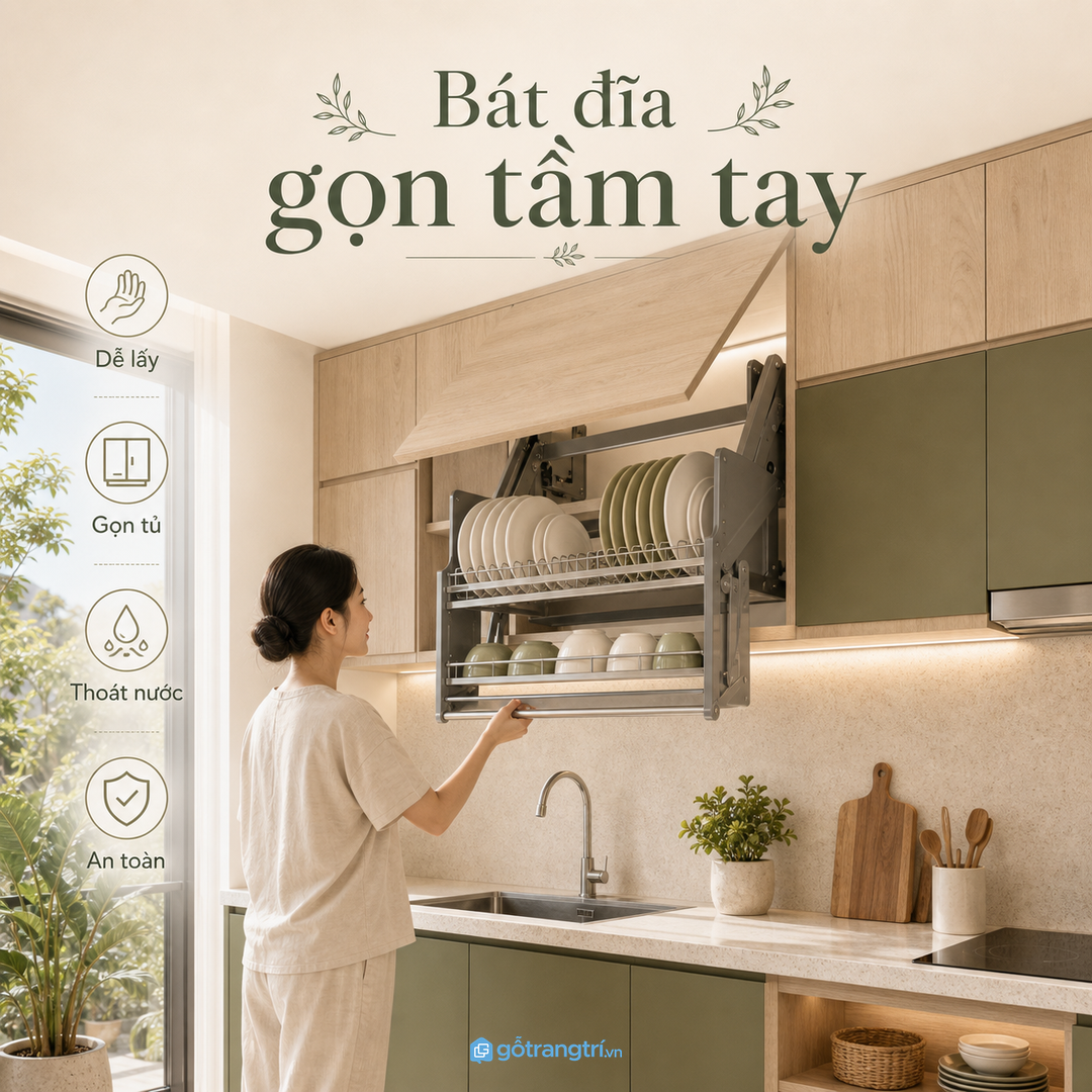 Giá bát nâng hạ giúp bát đĩa gọn tầm tay trong bếp nhỏ