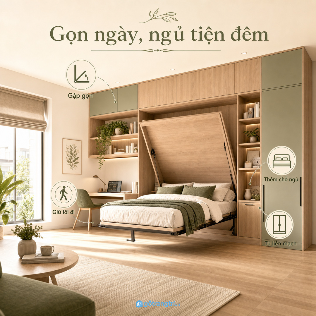 Giường gấp âm tường giúp phòng chung cư gọn ban ngày và ngủ tiện ban đêm