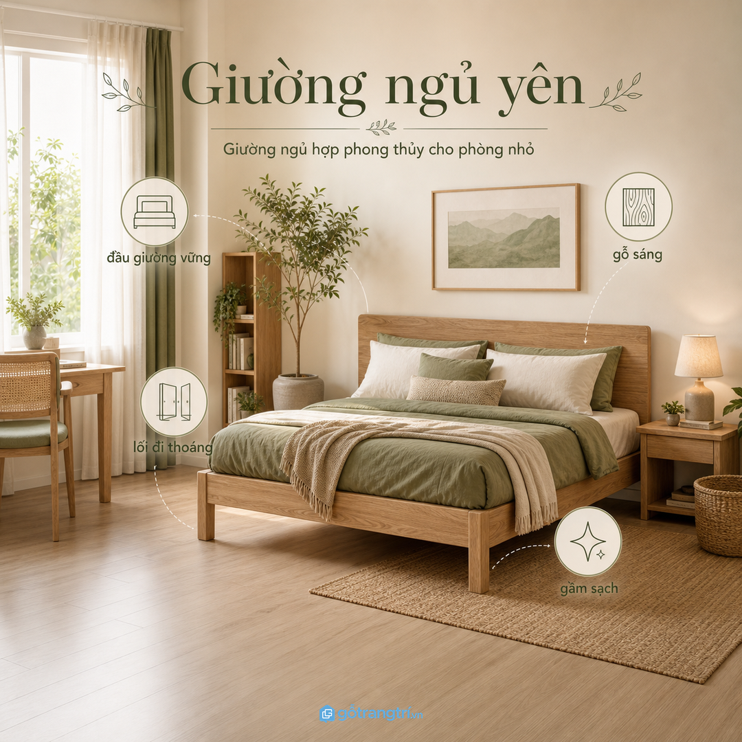 Giường ngủ hợp phong thủy cho phòng nhỏ cần vững đầu giường, thoáng lối đi và màu gỗ dịu