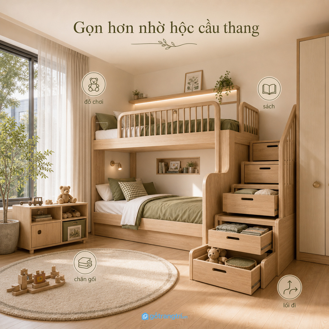 Giường tầng có hộc cầu thang giúp phòng ngủ nhỏ gọn hơn