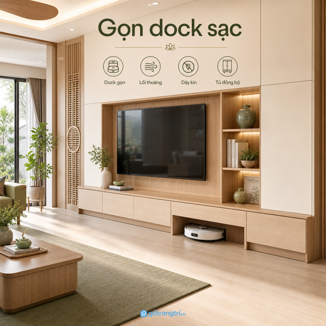 Hộc robot hút bụi giúp giấu dock sạc mà phòng khách vẫn gọn