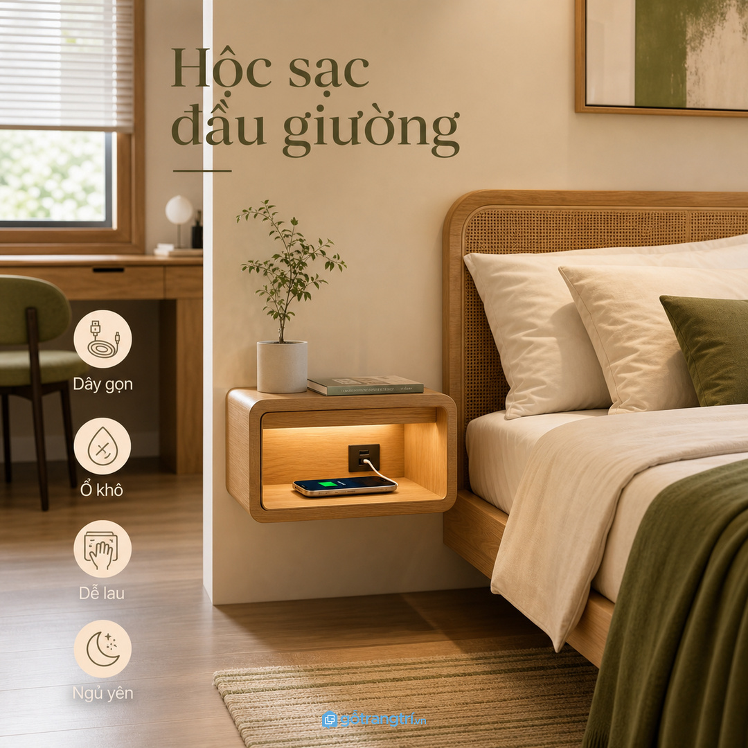 Hộc sạc đầu giường giúp điện thoại, dây sạc và đồ ngủ nhỏ gọn lại một điểm