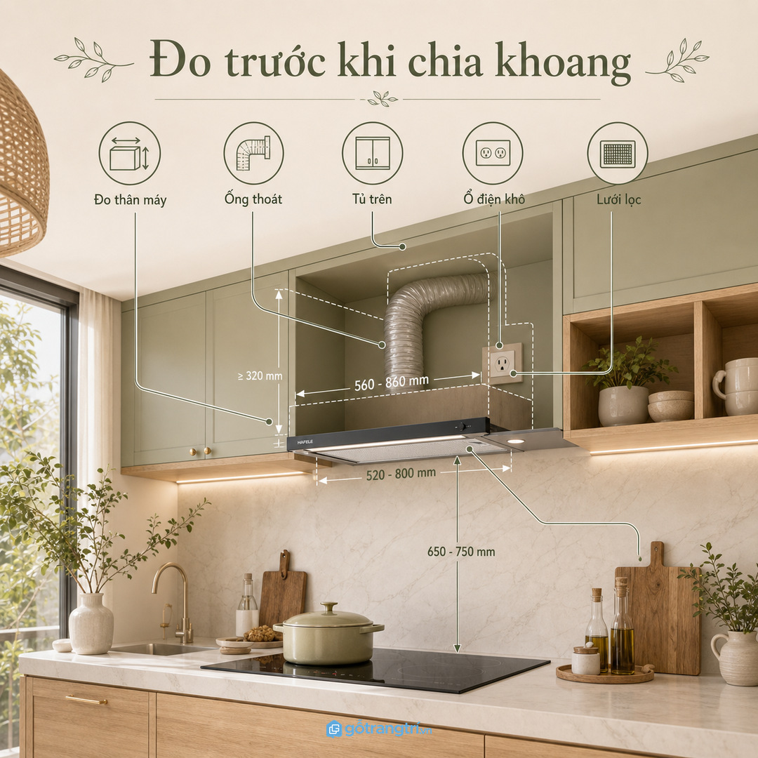 Đo máy hút mùi, đường ống và chiều cao tủ trên trước khi chia khoang