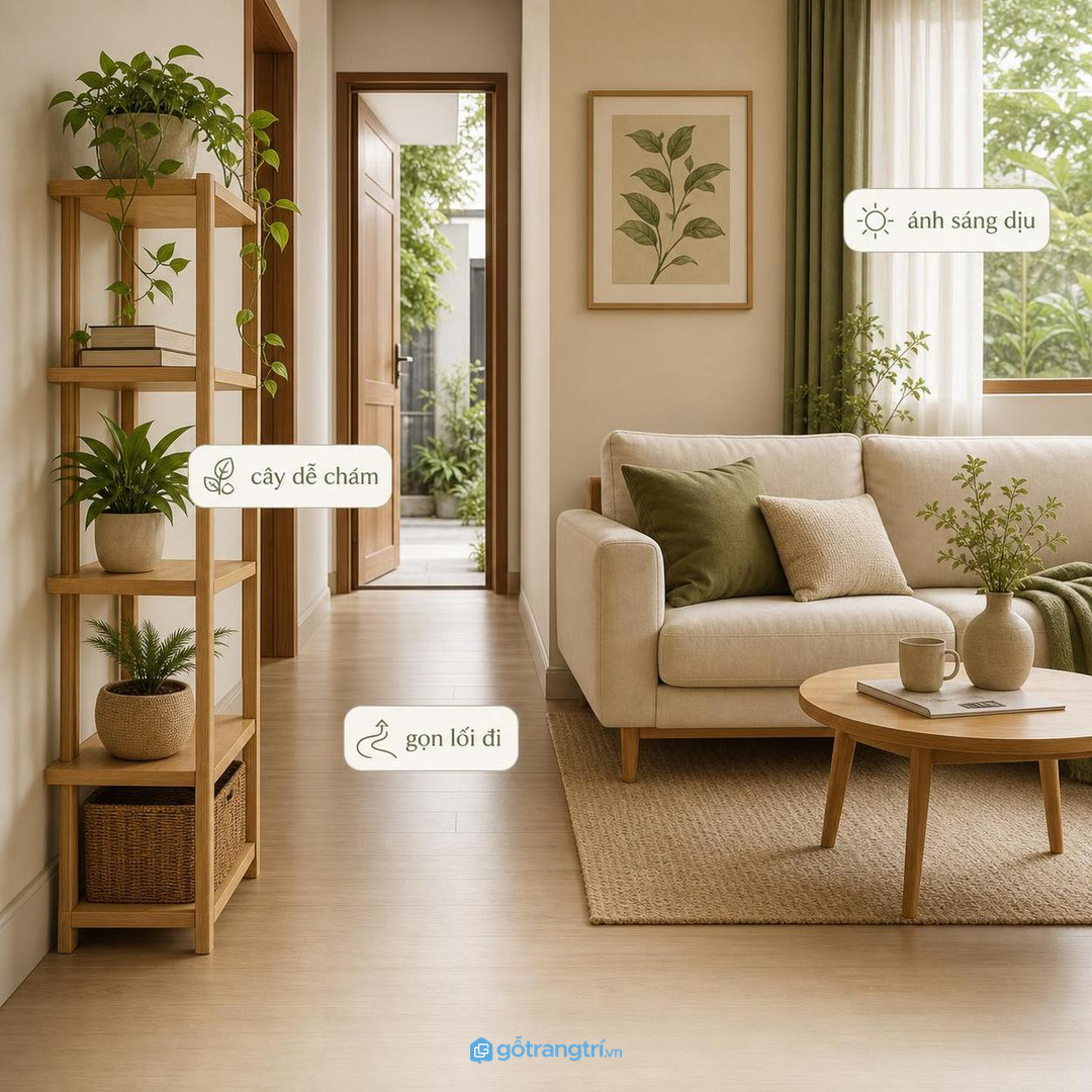 Kệ cây phong thủy giúp phòng khách nhỏ xanh hơn mà vẫn gọn lối đi