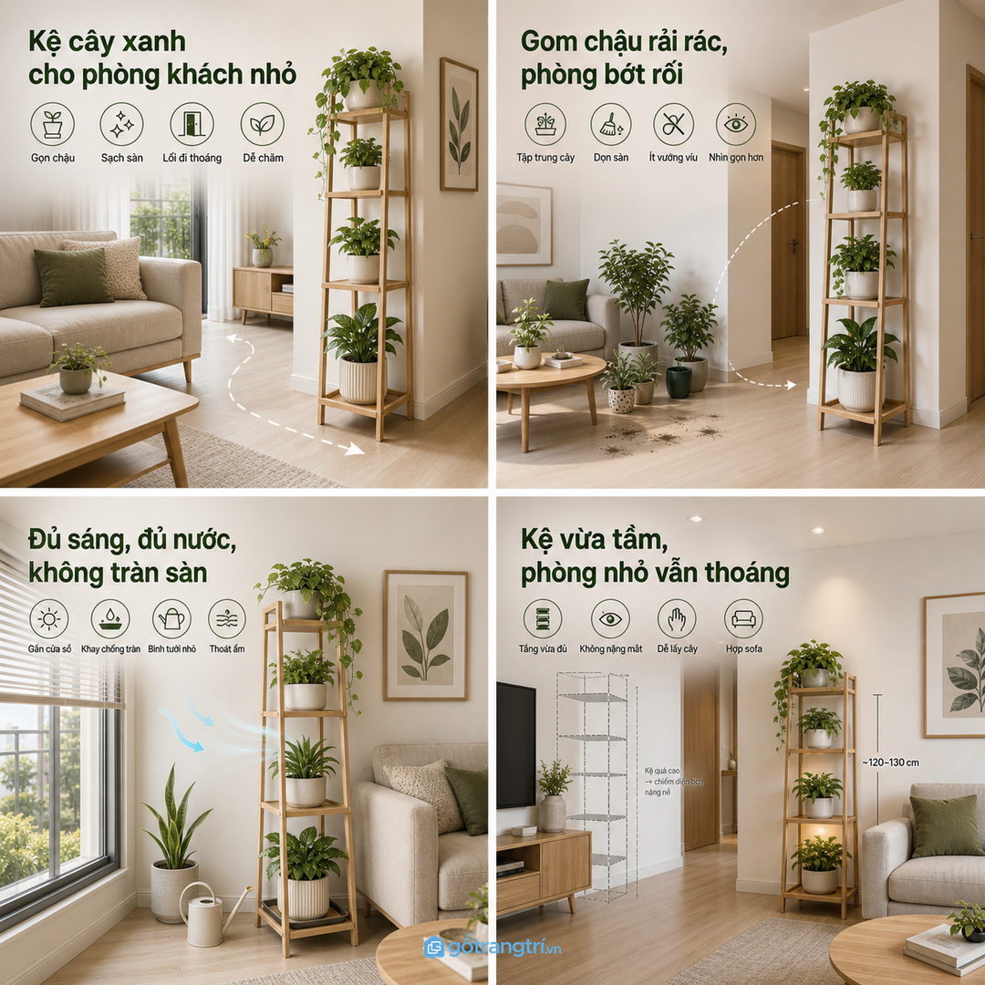 Kệ cây xanh giúp phòng khách nhỏ gọn chậu, sạch sàn và dễ chăm