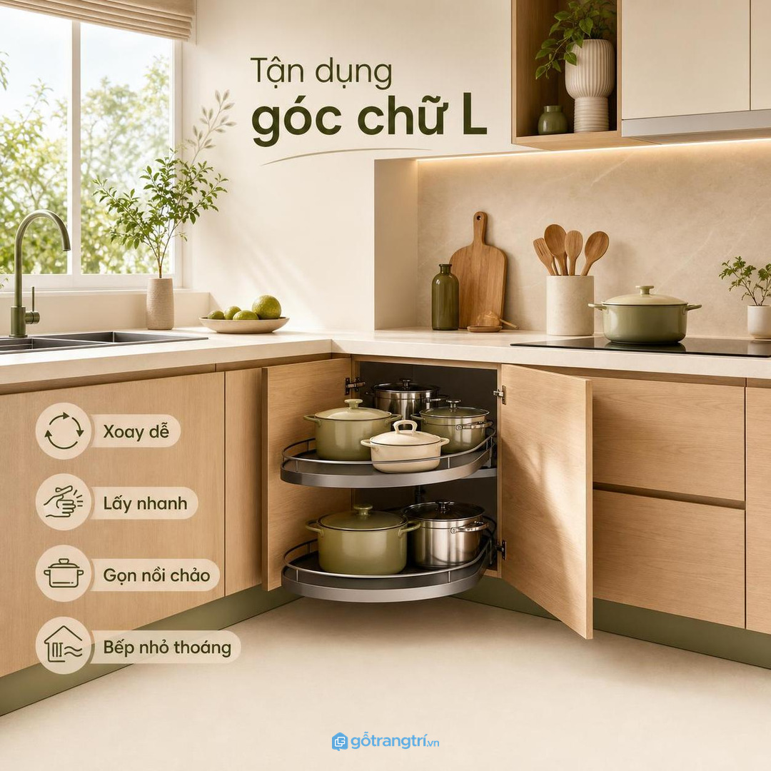 Kệ góc xoay tủ bếp cho bếp nhỏ giúp tận dụng góc chữ L khó lấy