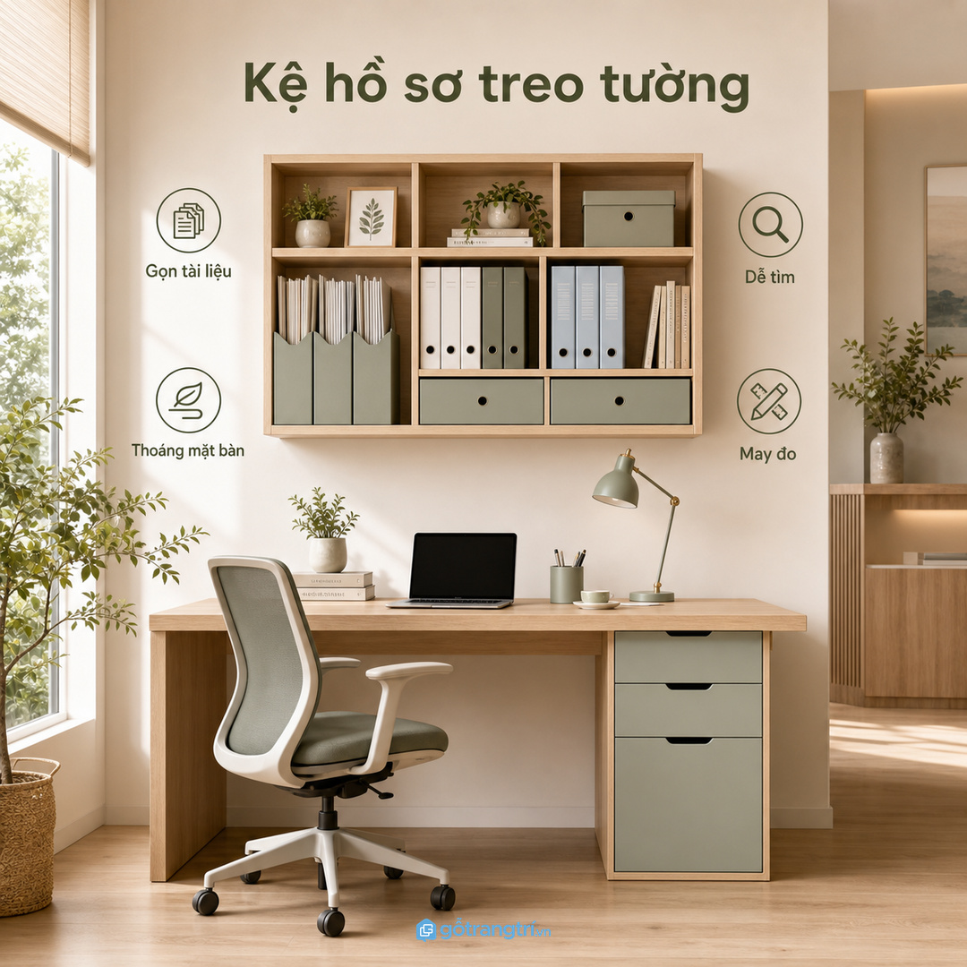 Kệ hồ sơ treo tường giúp văn phòng nhỏ gọn tài liệu và thoáng mặt bàn