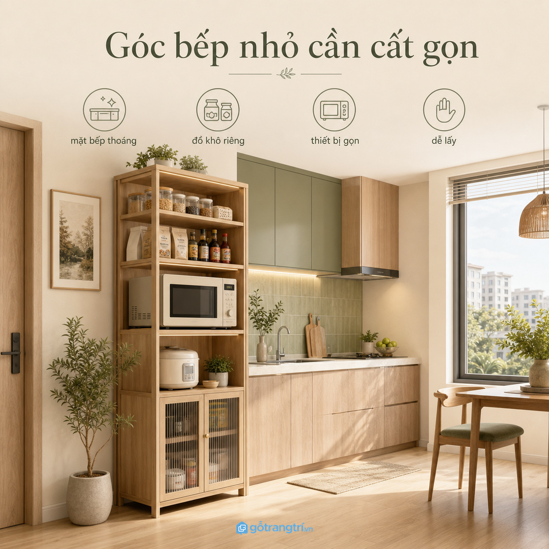 Kệ lò vi sóng kèm tủ đồ khô giúp góc bếp chung cư nhỏ gọn và dễ dùng hơn.