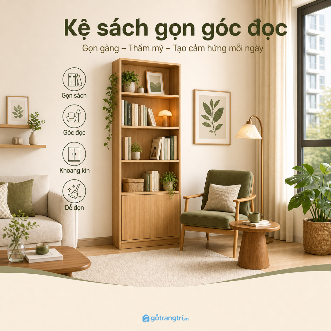 Kệ sách phòng khách nhỏ giúp gọn đồ, đẹp góc đọc và không rối mắt
