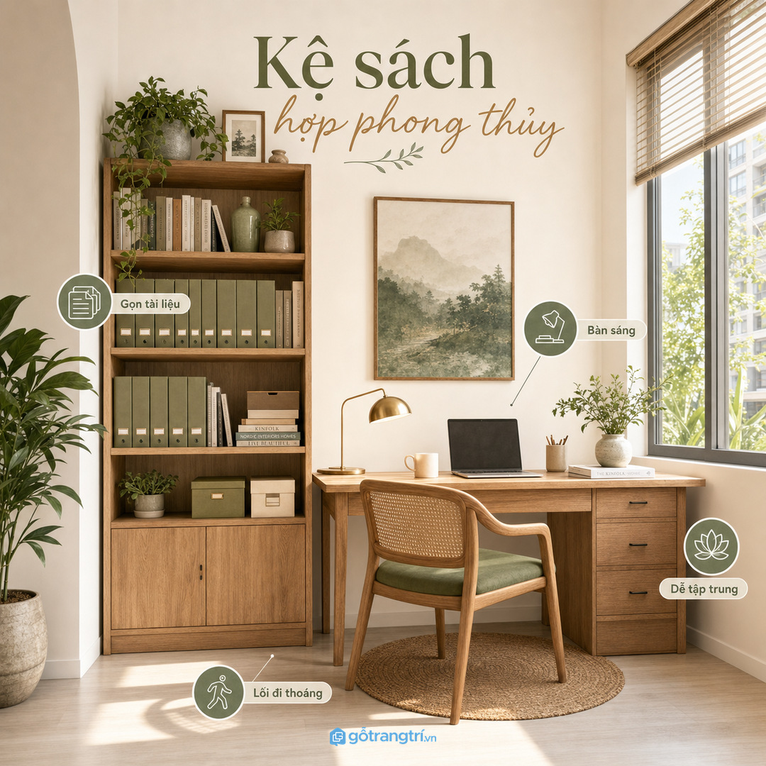 Kệ sách hợp phong thủy giúp góc học tập nhỏ gọn tài liệu và giữ bàn sáng