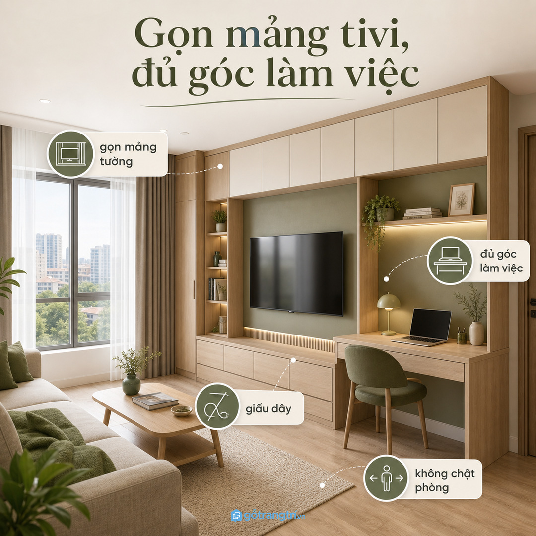 Kệ tivi kết hợp bàn làm việc giúp phòng khách nhỏ gọn mảng tường và đủ góc tập trung