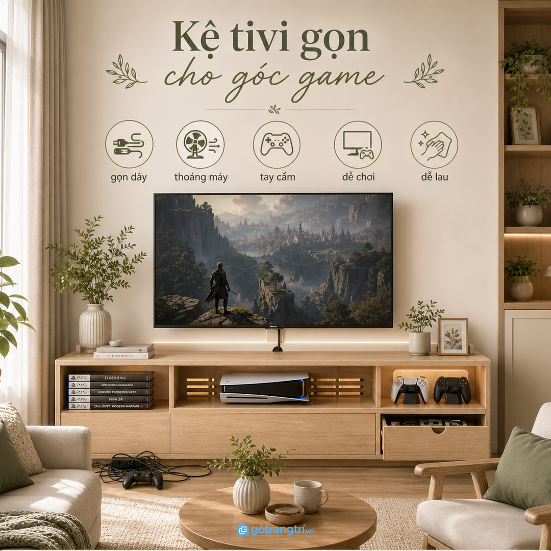 Kệ tivi có khoang máy chơi game giúp phòng khách nhỏ gọn lối đi và dễ lấy khi cần