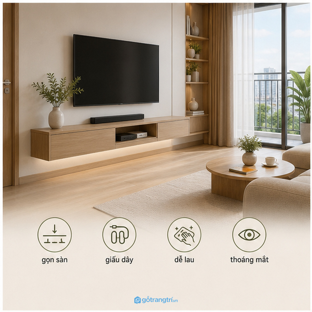 Kệ tivi treo tường giúp phòng khách chung cư nhỏ gọn sàn, giấu dây và thoáng hơn