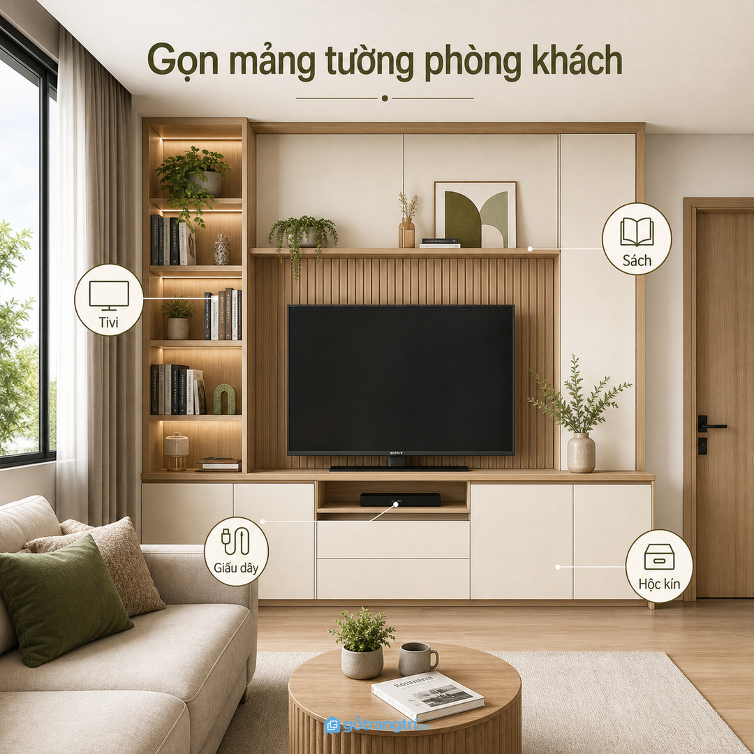 Kệ tivi kết hợp tủ sách giúp phòng khách nhỏ gọn mảng tường và đủ góc đọc