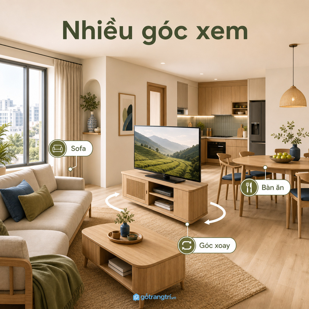 Kệ tivi xoay giúp phòng khách nhỏ xem được nhiều góc mà nhà vẫn gọn