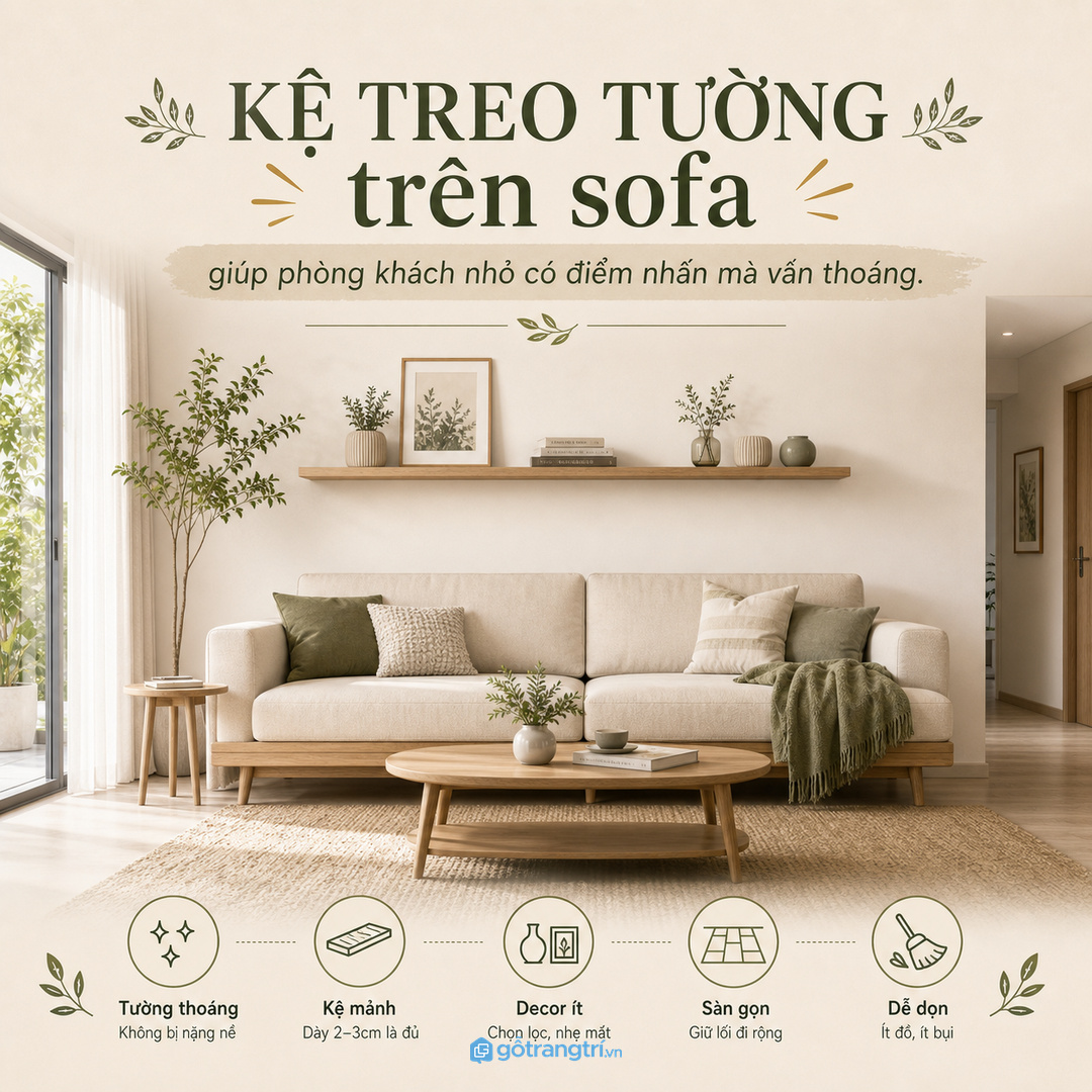 Kệ treo tường trên sofa giúp phòng khách nhỏ có điểm nhấn mà vẫn thoáng
