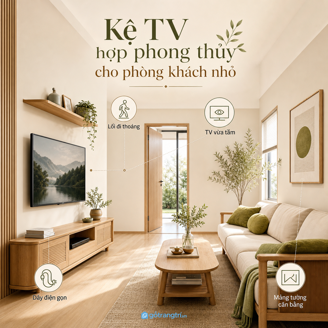 Kệ TV hợp phong thủy giúp phòng khách nhỏ gọn lối đi và cân bằng mảng nhìn