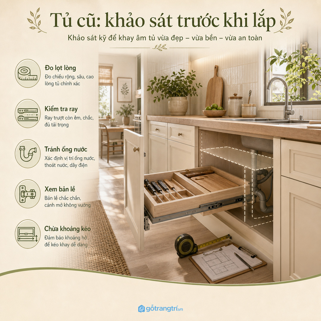 Khay dao thớt âm tủ giúp bếp nhỏ gọn mặt bàn và an toàn hơn