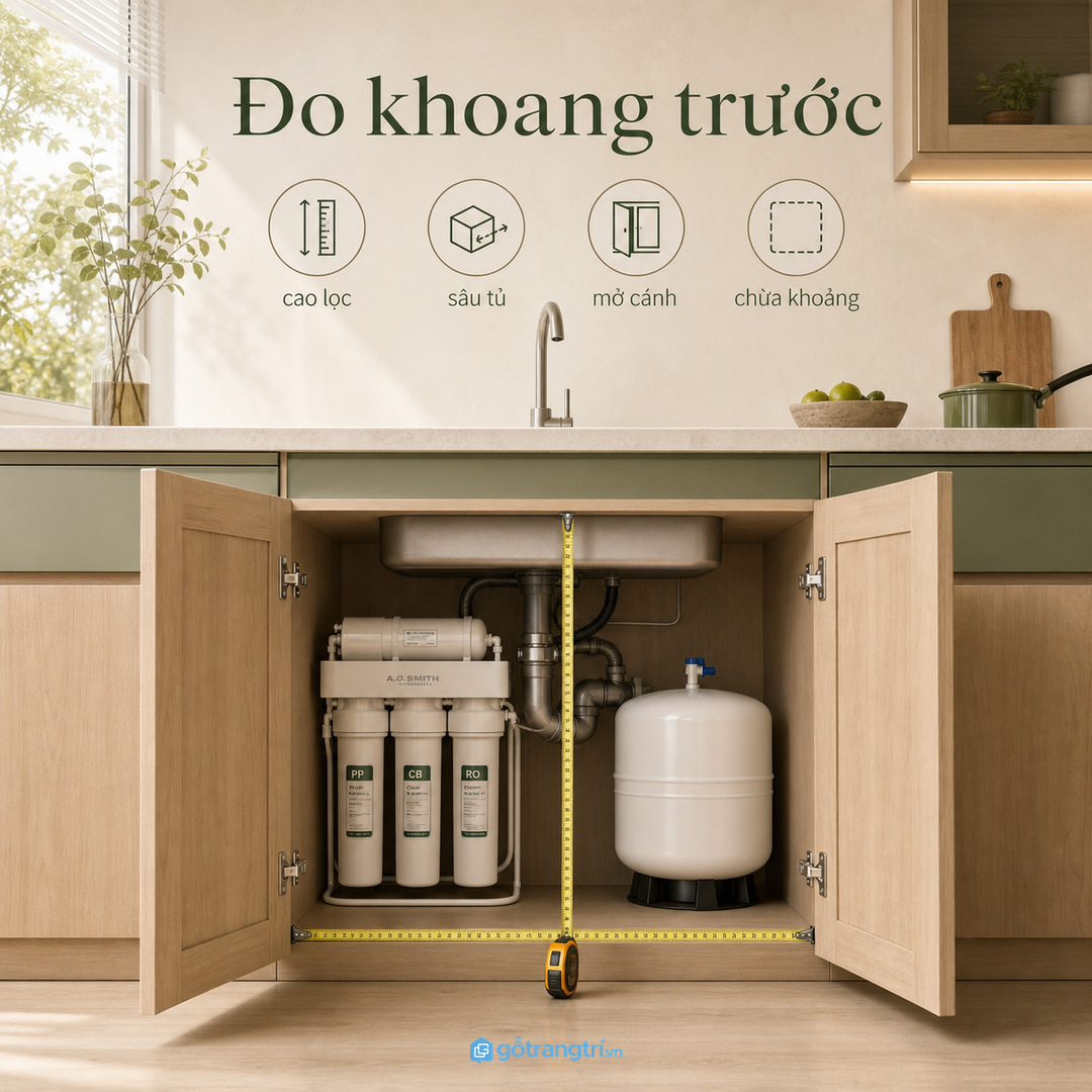 Khoang máy lọc nước trong tủ bếp giúp giấu bình và gom dây ống gọn hơn