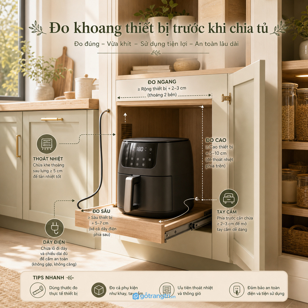 Đo khoang nồi chiên không dầu trước khi chia tủ bếp
