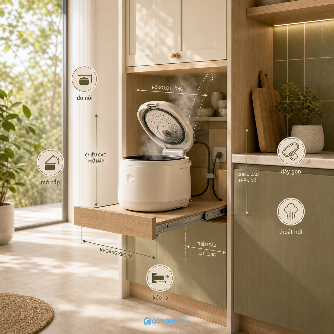 Đo nồi cơm, chiều cao nắp mở và thói quen lấy cơm trước khi chia khoang