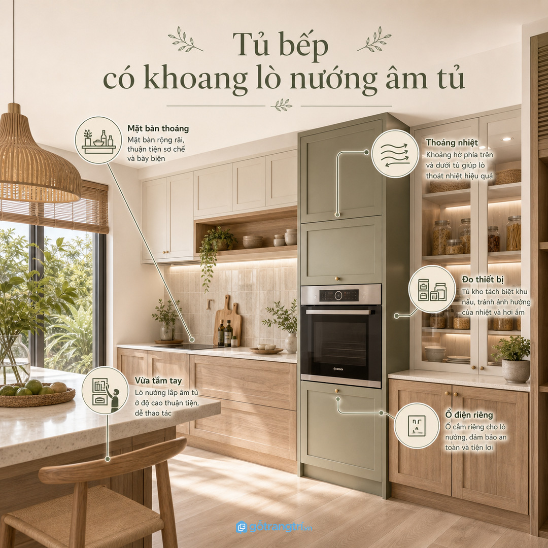 Tủ lò nướng âm tủ giúp bếp nhỏ gọn thiết bị và thoáng mặt bàn